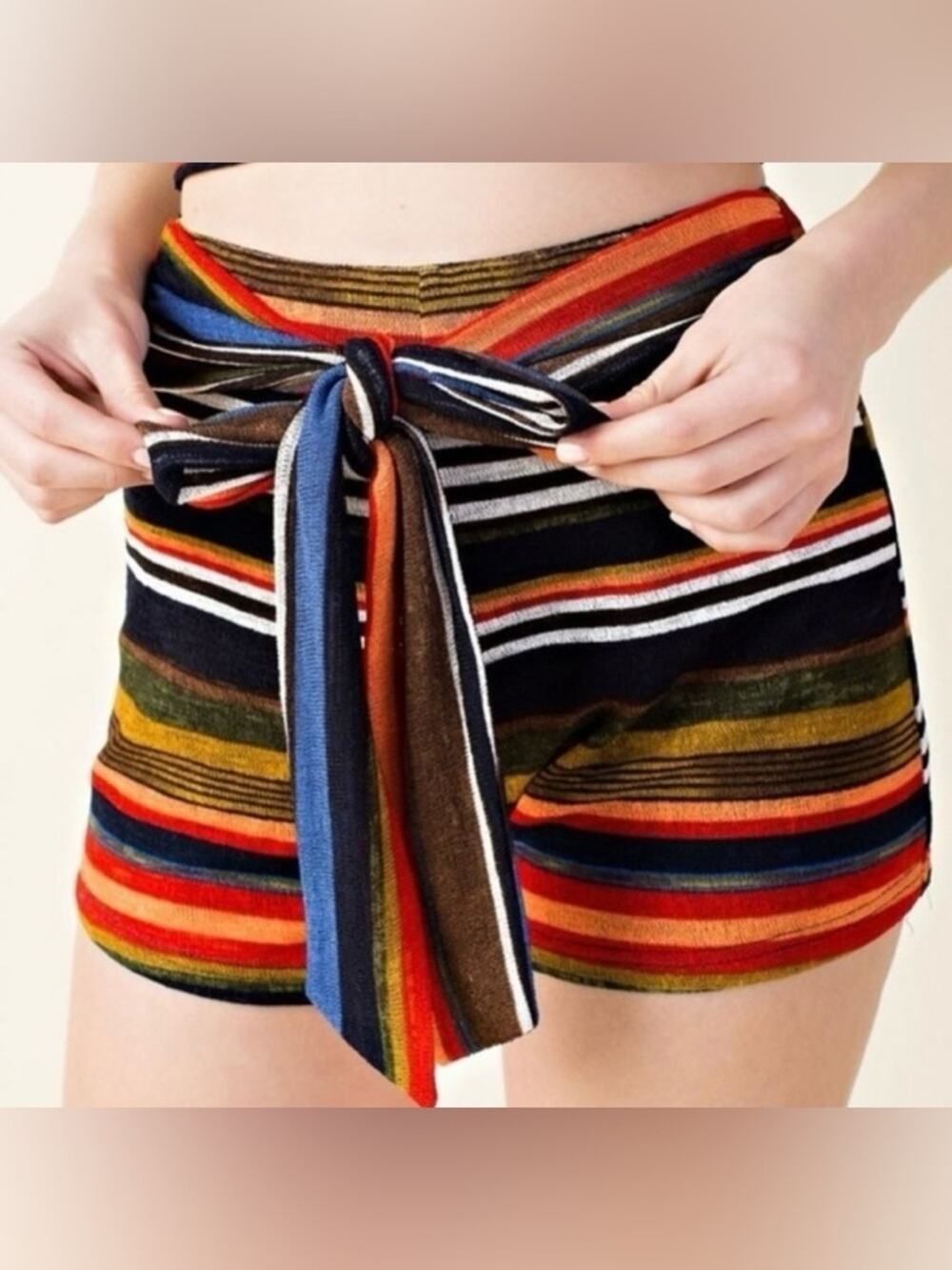 NWT Wild Honey Multicolored Striped Shorts w Tie, Beachy Boho Resort Summer